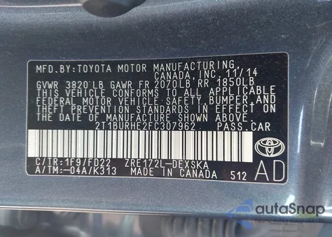 2015 Toyota Corolla S Plus z USA, uszkodzony, nr VIN 2T1BURHE2FC307962